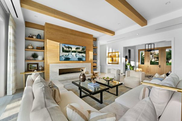 Fireplace, Interior, Living room, Recessed Lighting, Wooden Beams, Wooden Walls