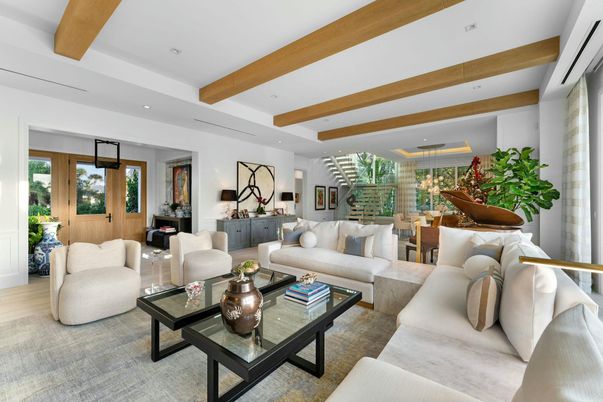 Dining room, Interior, Living room, Pendant Lights, Recessed Lighting, Wooden Beams, Wood Texture Flooring