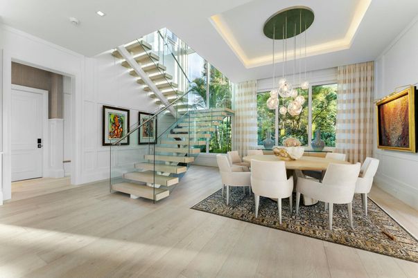 Dining room, Interior, Pendant Lights, Recessed Lighting, Wood Texture Flooring
