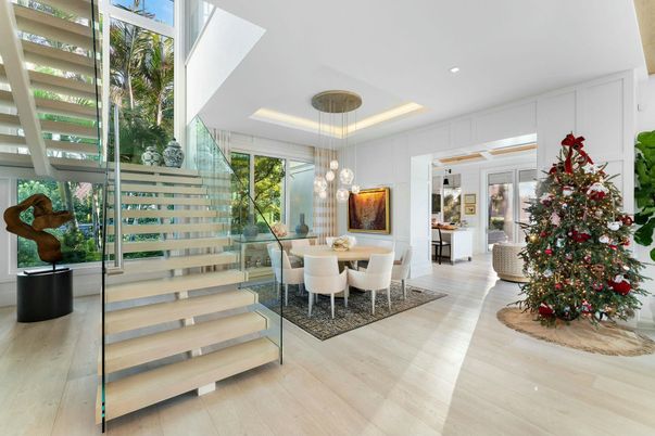Dining room, Interior, Pendant Lights, Recessed Lighting, Wood Texture Flooring