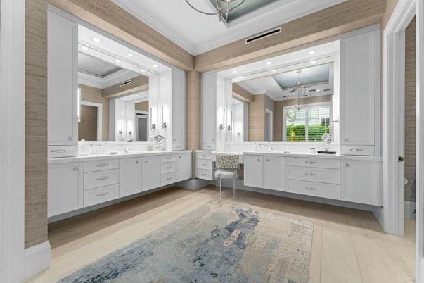Bathroom, Dual Sink Vanities, Interior, Pendant Lights, Recessed Lighting, Wood Texture Flooring