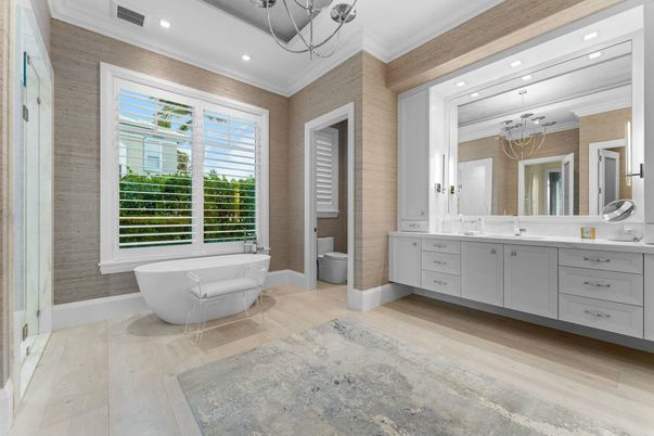 Bathroom, Dual Sink Vanities, Free Standing Baths, Interior, Recessed Lighting, Wood Texture Flooring
