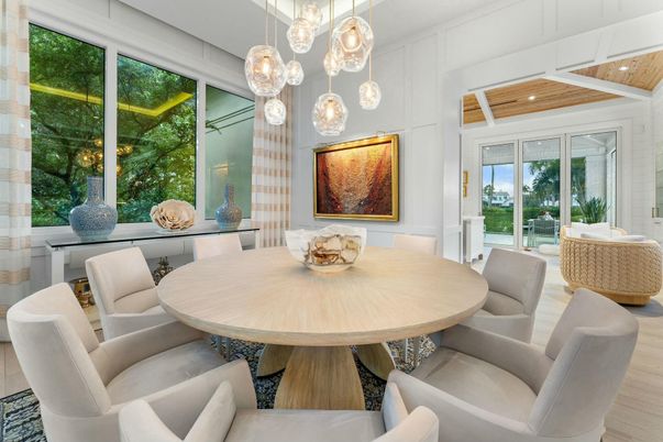 Dining room, Interior, Pendant Lights, Wood Texture Flooring