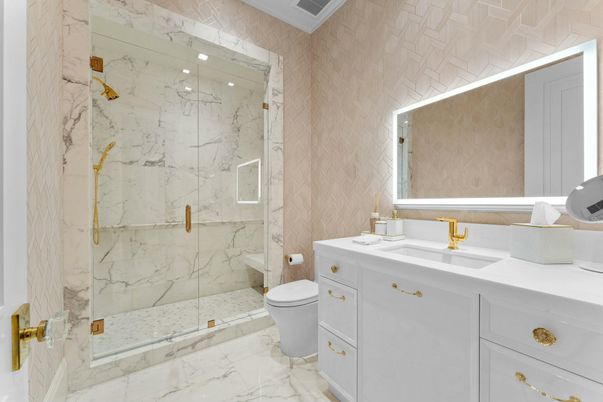 Bathroom, Glass Shower, Interior, Marble, Marble Walls, Recessed Lighting