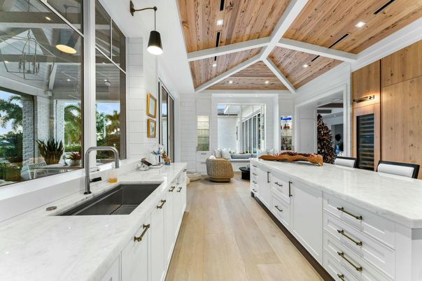 Interior, Kitchen, Living room, Pendant Lights, Recessed Lighting, Wooden Beams, Wooden Ceilings, Wood Texture Flooring