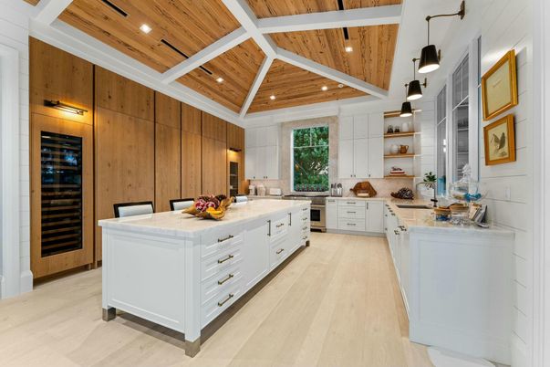 Interior, Kitchen, Pendant Lights, Recessed Lighting, Wooden Beams, Wooden Ceilings, Wood Texture Flooring, Wooden Walls