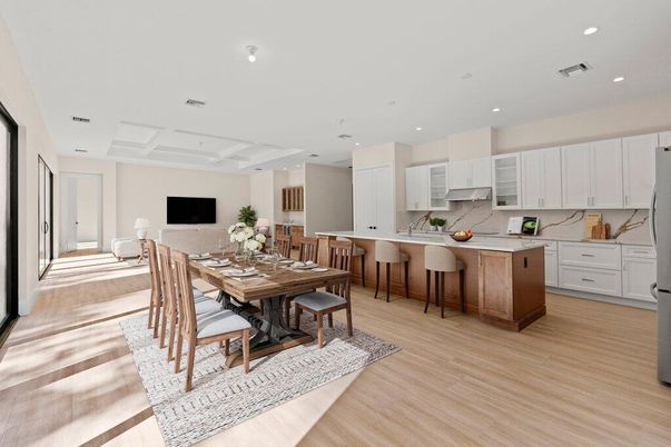 Dining room, Interior, Kitchen, Recessed Lighting, Wood Texture Flooring