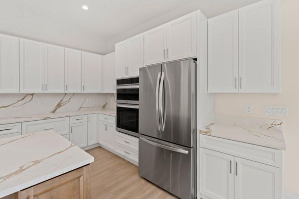 Interior, Kitchen, Marble Walls, Recessed Lighting, Wood Texture Flooring