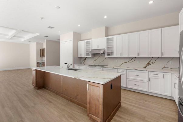 Interior, Kitchen, Marble Walls, Recessed Lighting, Wood Texture Flooring