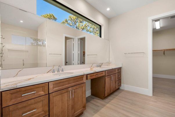 Bathroom, Dual Sink Vanities, Interior, Recessed Lighting, Wood Texture Flooring