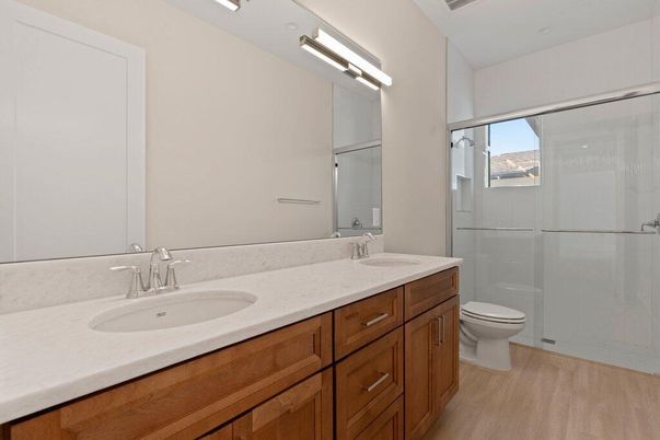 Bathroom, Dual Sink Vanities, Glass Shower, Interior, Wood Texture Flooring