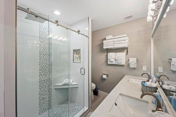 Bathroom, Glass Shower, Interior, Recessed Lighting, Wood Texture Flooring