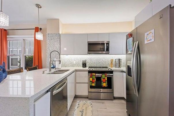 Interior, Kitchen, Pendant Lights, Stainless Steel Appliances, Wood Texture Flooring