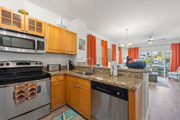 Chandelier, Interior, Kitchen, Stainless Steel Appliances, Wood Texture Flooring