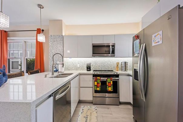 Interior, Kitchen, Pendant Lights, Stainless Steel Appliances, Wood Texture Flooring