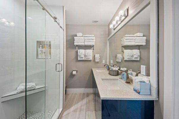 Bathroom, Glass Shower, Interior, Wood Texture Flooring