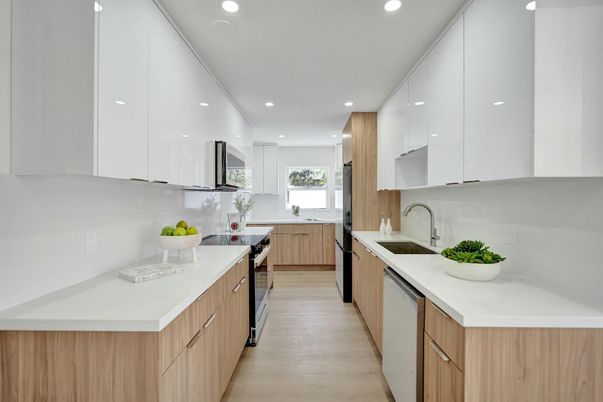 Interior, Kitchen, Recessed Lighting, Stainless Steel Appliances, Wood Texture Flooring