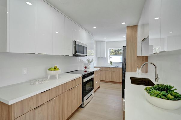 Interior, Kitchen, Recessed Lighting, Stainless Steel Appliances, Wood Texture Flooring