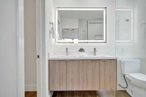 Bathroom, Dual Sink Vanities, Interior, Wood Texture Flooring