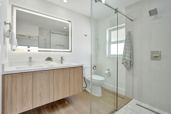 Bathroom, Glass Shower, Interior, Recessed Lighting, Wood Texture Flooring