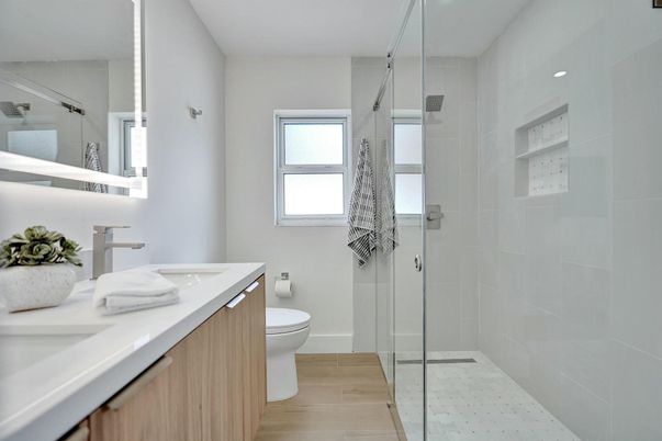Bathroom, Glass Shower, Interior, Recessed Lighting, Wood Texture Flooring