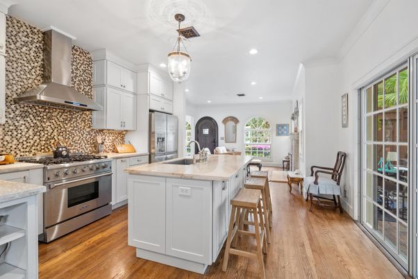 Interior, Kitchen, Pendant Lights, Recessed Lighting, Stainless Steel Appliances, Wood Texture Flooring