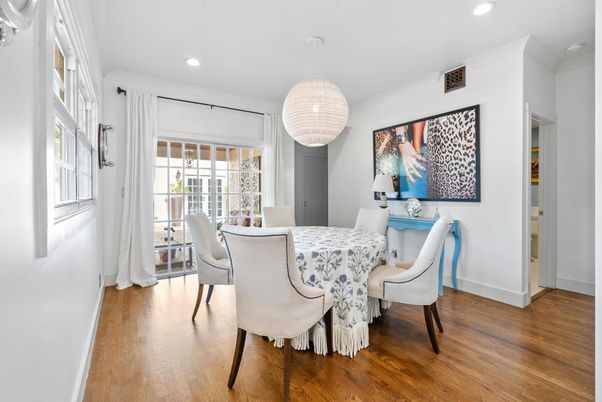 Dining room, Interior, Recessed Lighting, Wood Texture Flooring