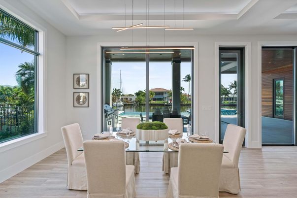 Dining room, Interior, Pendant Lights, Water, Wood Texture Flooring