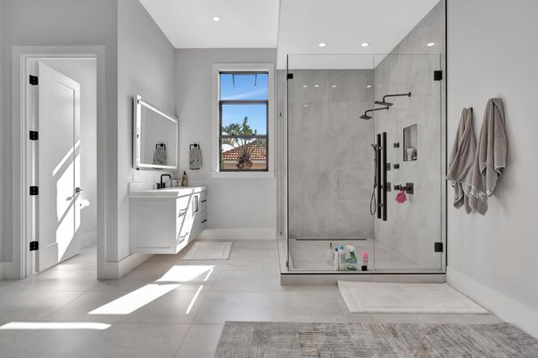 Bathroom, Glass Shower, Interior, Marble Walls, Recessed Lighting