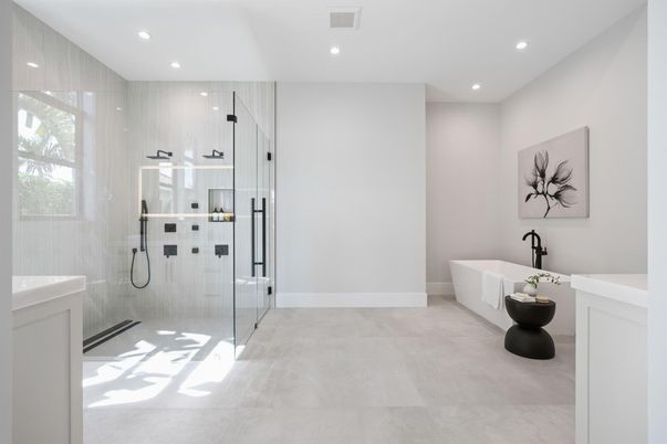 Bathroom, Free Standing Baths, Glass Shower, Interior, Recessed Lighting
