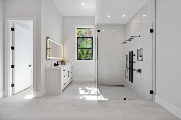 Bathroom, Dual Sink Vanities, Glass Shower, Interior, Recessed Lighting
