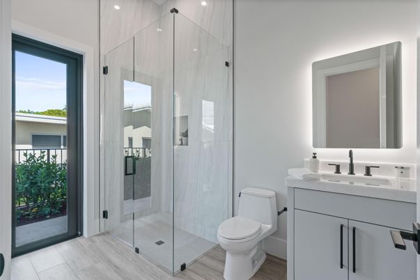 Bathroom, Glass Shower, Interior, Wood Texture Flooring