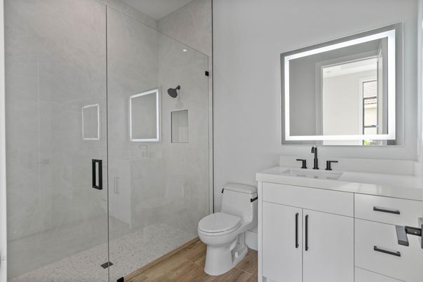 Bathroom, Glass Shower, Interior, Wood Texture Flooring