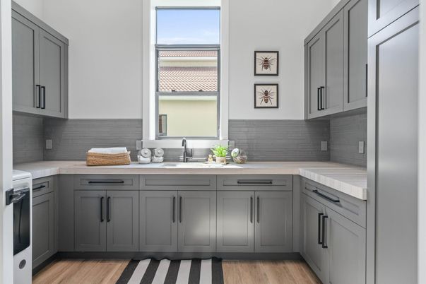 Interior, Kitchen, Tile Countertops, Wood Texture Flooring