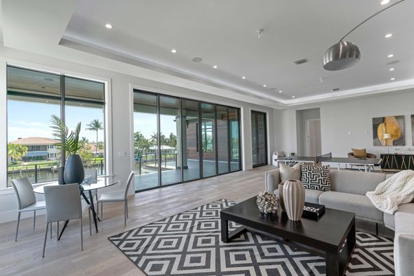 Dining room, Interior, Living room, Recessed Lighting, Wood Texture Flooring