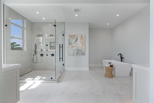 Bathroom, Free Standing Baths, Glass Shower, Interior, Marble, Marble Walls, Recessed Lighting