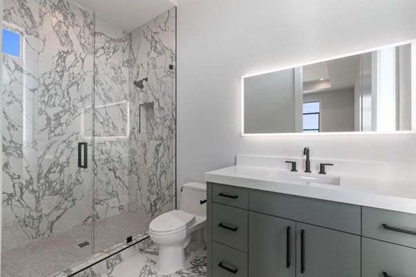 Bathroom, Glass Shower, Interior, Marble, Marble Walls, Recessed Lighting