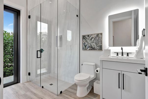 Bathroom, Glass Shower, Interior, Wood Texture Flooring