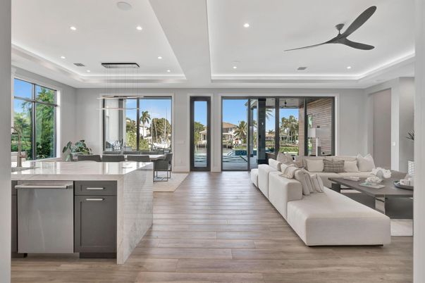 Dining room, Interior, Living room, Pendant Lights, Recessed Lighting, Wood Texture Flooring
