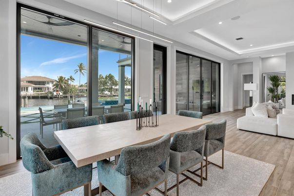Dining room, Interior, Living room, Pendant Lights, Recessed Lighting, Water, Wood Texture Flooring