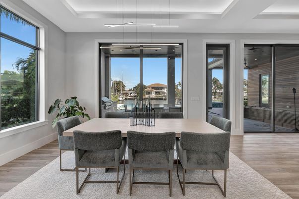 Dining room, Interior, Pendant Lights, Water, Wood Texture Flooring