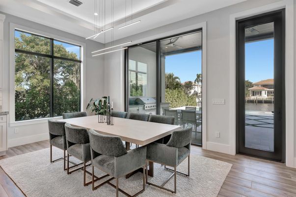 Dining room, Interior, Pendant Lights, Wood Texture Flooring