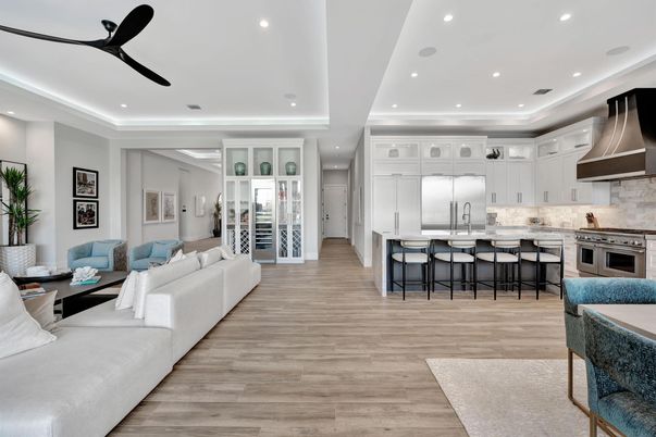 Interior, Kitchen, Living room, Recessed Lighting, Stainless Steel Appliances, Wood Texture Flooring