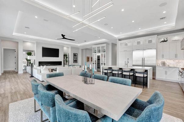 Dining room, Interior, Kitchen, Living room, Pendant Lights, Recessed Lighting, Stainless Steel Appliances, Wood Texture Flooring
