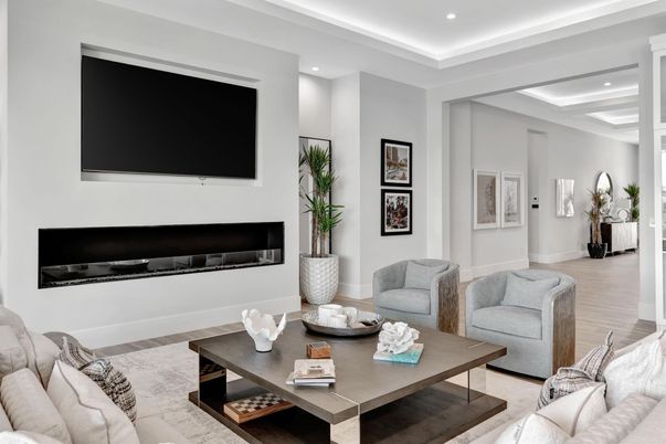 Fireplace, Interior, Living room, Recessed Lighting, Wood Texture Flooring