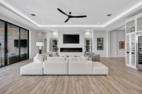 Fireplace, Interior, Living room, Recessed Lighting, Wood Texture Flooring