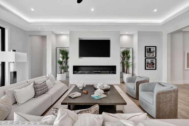 Fireplace, Interior, Living room, Recessed Lighting, Wood Texture Flooring