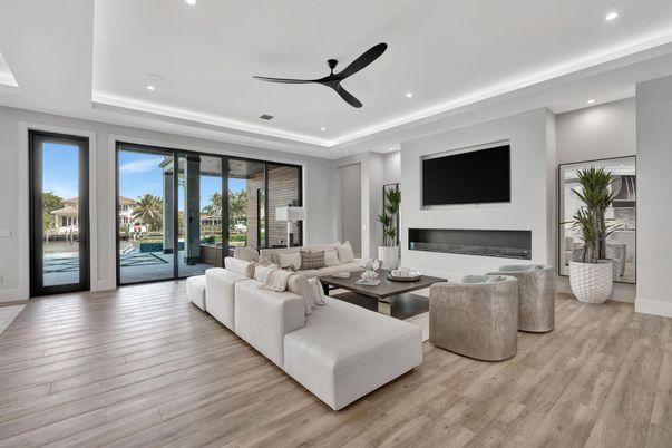 Fireplace, Interior, Living room, Recessed Lighting, Wood Texture Flooring