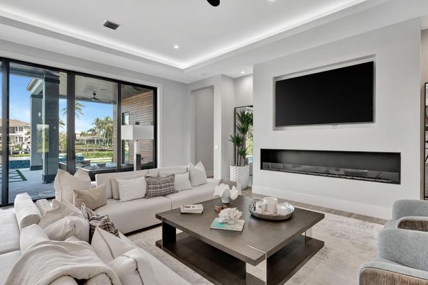 Fireplace, Interior, Living room, Recessed Lighting, Wood Texture Flooring