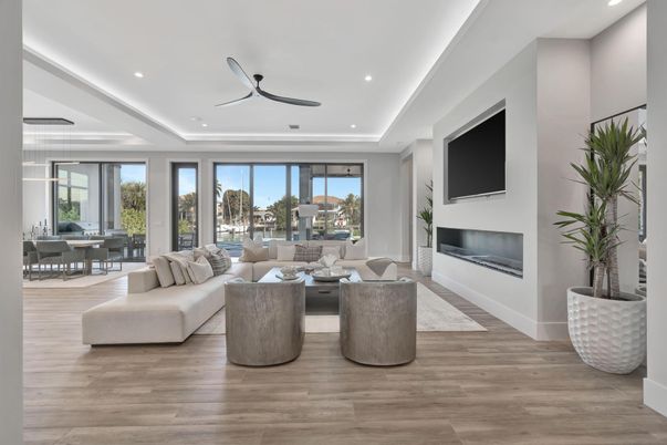 Dining room, Fireplace, Interior, Living room, Recessed Lighting, Wood Texture Flooring